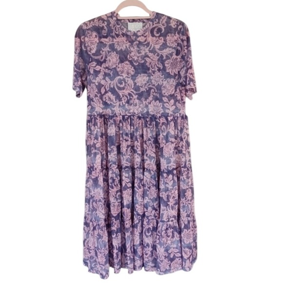 JOHNNY WAS Floral Midi Dress Purple Florentina Sz M & L Mesh Tiered A Line Boho - Picture 3 of 9